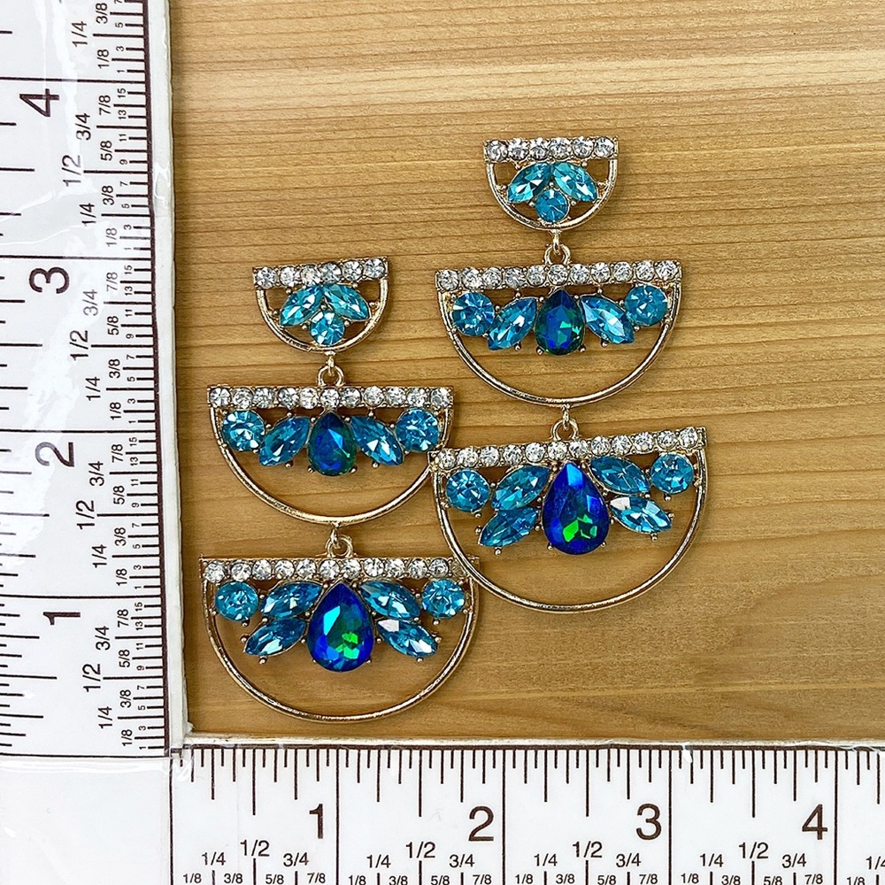 Turquoise Blue Fun Funky Crystal Standout Chandelier Earrings - Picture 5 of 5